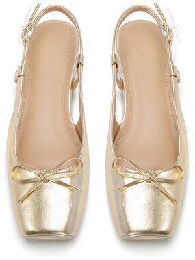 Women's Gold Slingback Square Toe Bow Knit Ankle Buckle Satin Ballet Flats